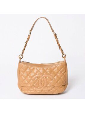 Chanel Chain Bag CC Logo Patch Caviar Leather Beige Gold